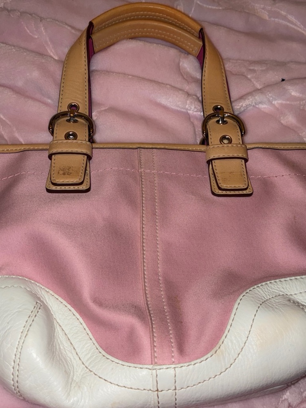 Coach Pink and White Tote with Tan Leather Handles